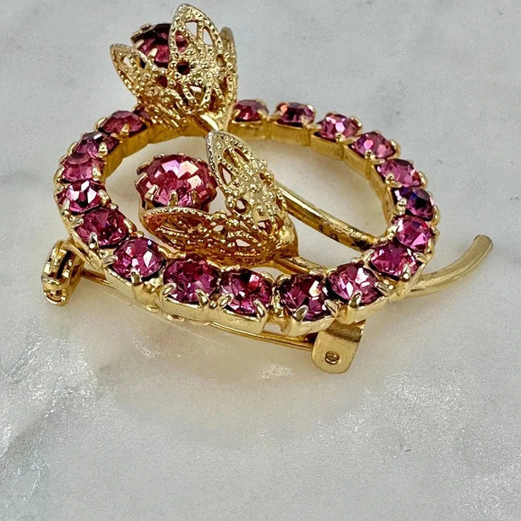 Vintage Pink Glass Brooch Pin Prong Set Rhinestones Circle Flower Bud C… - Picture 5 of 9